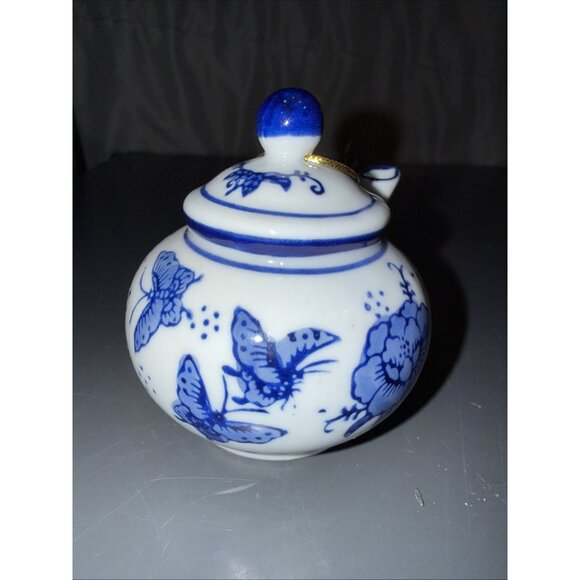 Vintage Miniature Mini Teapot Ornament Blue White Porcelain Floral Butterfly 3" - Picture 7 of 14